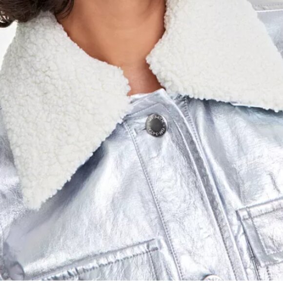 NWT On 34th Mcys Womens Faux Leather Sherpa Collar Jacket Silver Metallic Sz Sm - Picture 2 of 6